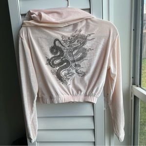 Long Sleeve Pink Dragon Print Hooded
Crop Zip-Up Jacket